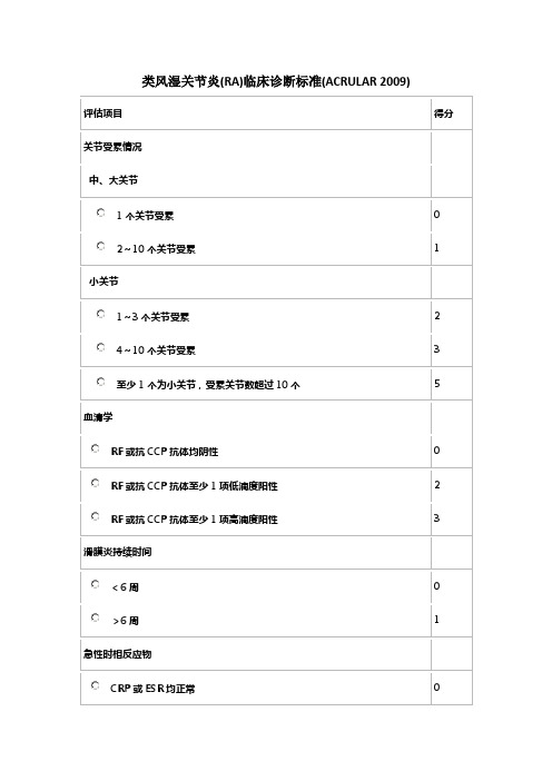 类风湿关节炎(RA)临床诊断标准(ACRULAR 2009)