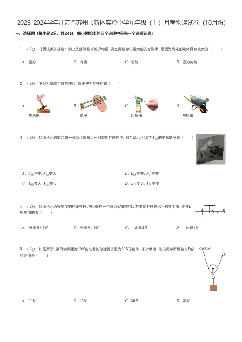 初中物理 2023-2024学年江苏省苏州市新区九年级(上)月考物理试卷(10月份)