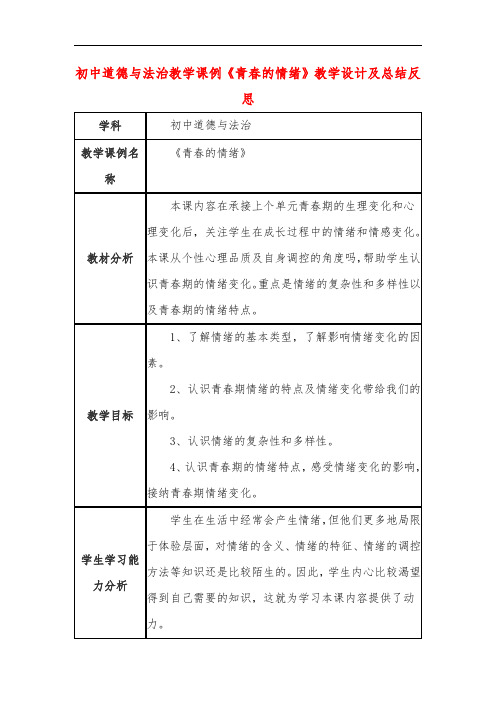 初中道德与法治教学课例《青春的情绪》课程思政核心素养教学设计及总结反思