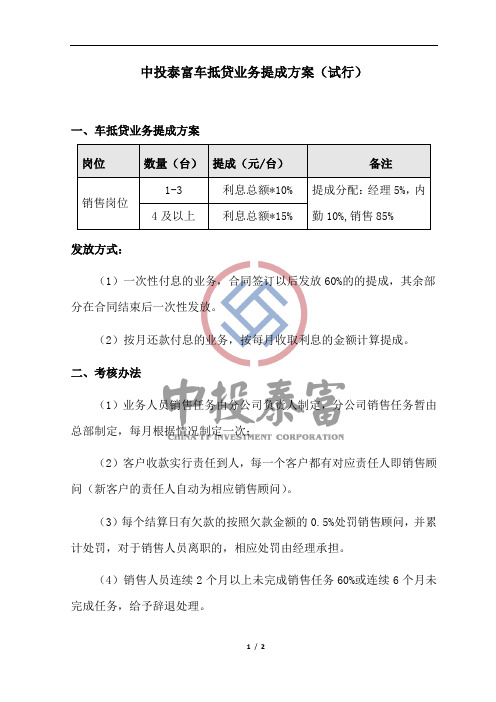 车抵贷业务提成方案(试行)