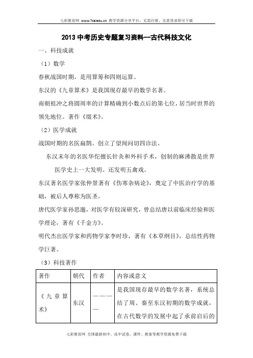 2013中考历史专题复习资料-古代科技文化