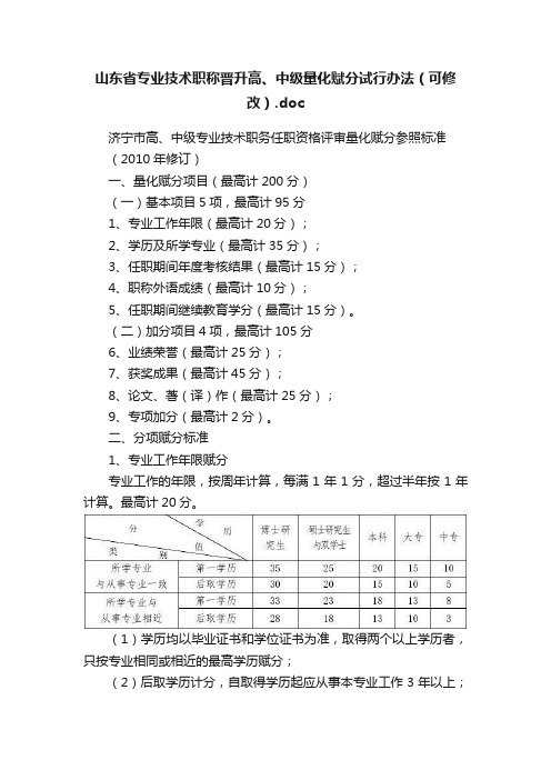 山东省专业技术职称晋升高、中级量化赋分试行办法（可修改）.doc