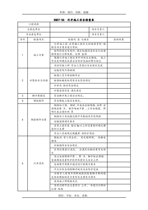 沉井施工安全检查表式模板