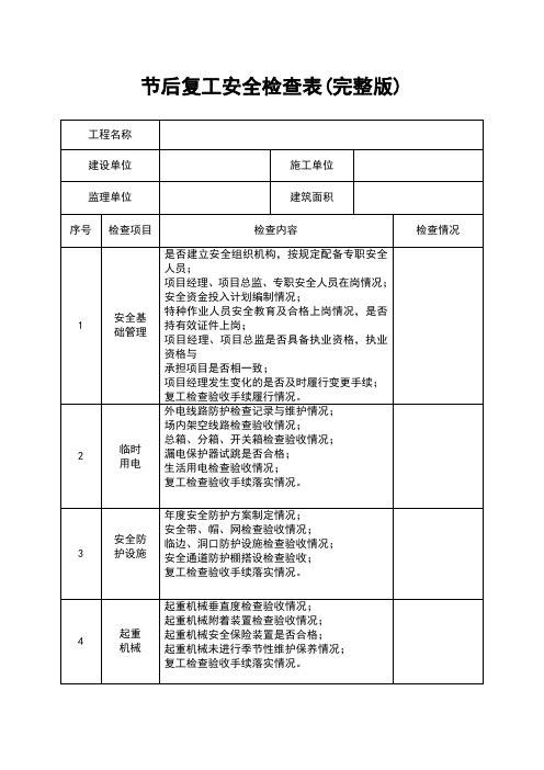 节后复工安全检查表(完整版)