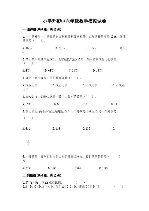 小学升初中六年级数学模拟试卷附参考答案(完整版)