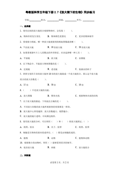 粤教版科学五年级下册2.7《放大镜下的生物》同步练习