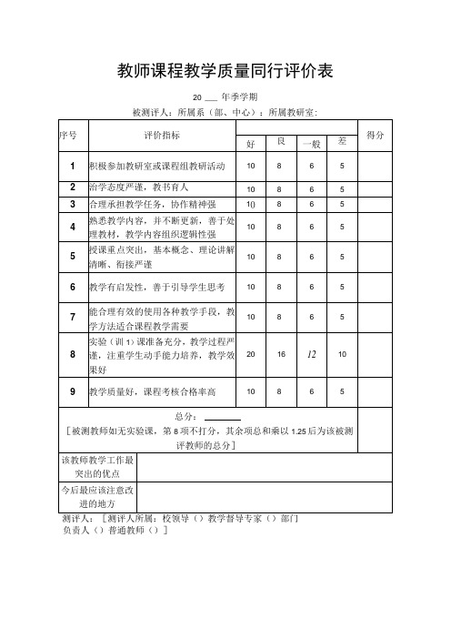 教师课程教学质量同行评价表