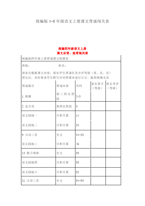 统编版4-6年级语文上册课文背诵闯关表