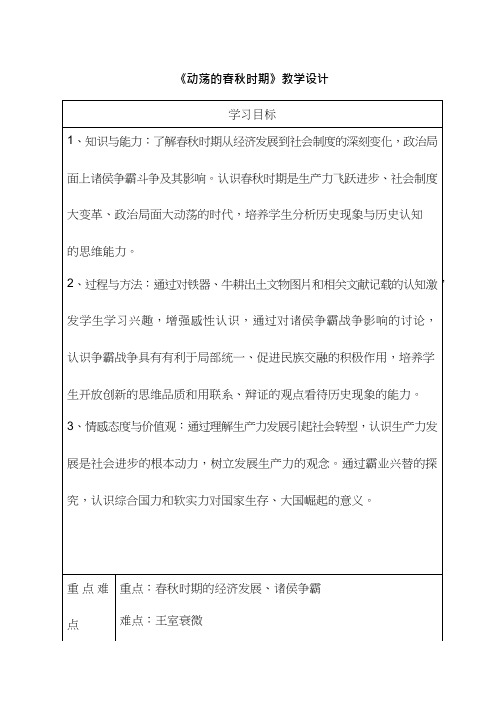 初中历史《1动荡的春秋时期》优质课教案、教学设计