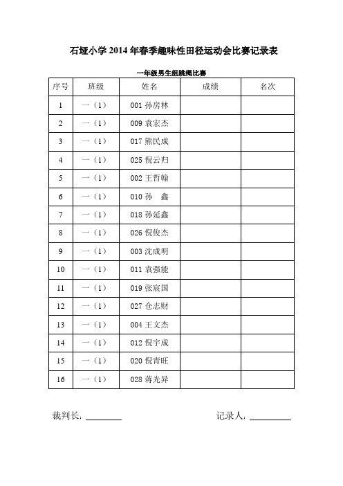 石垭小学2014年春季运动会比赛记录表