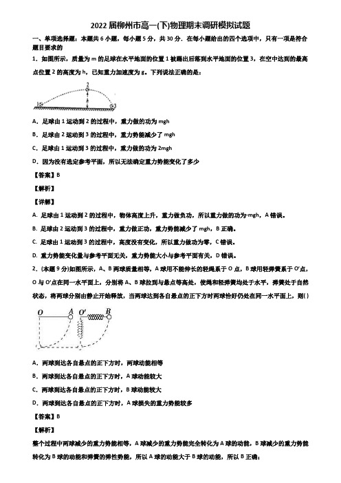 2022届柳州市高一(下)物理期末调研模拟试题含解析