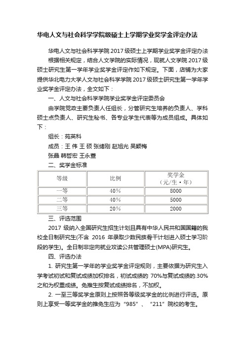 华电人文与社会科学学院级硕士上学期学业奖学金评定办法