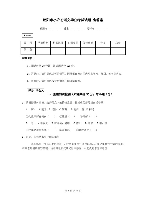 绵阳市小升初语文毕业考试试题 含答案