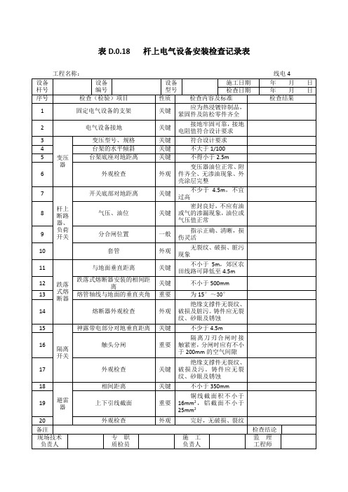 表D.0.18  杆上电气设备安装检查记录