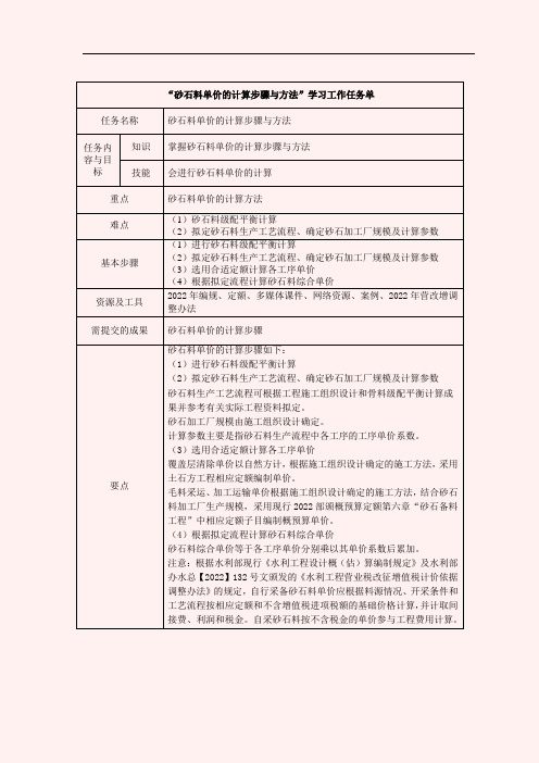 “砂石料单价的计算步骤与方法”学习工作任务单(营改增)