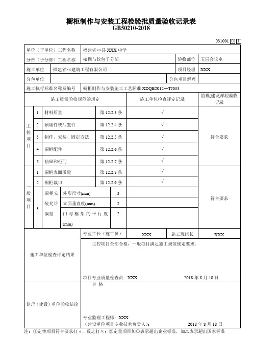 橱柜制作与安装工程检验批质量验收记录表