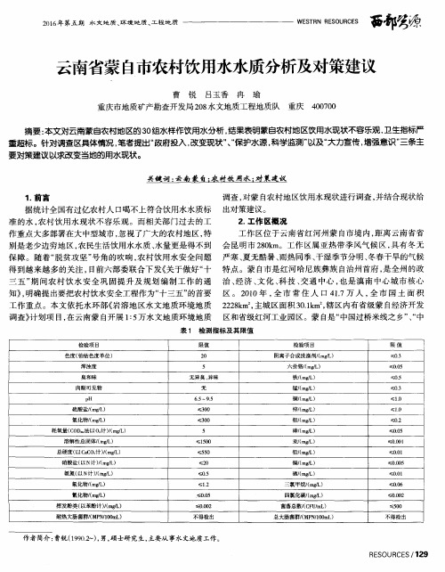 云南省蒙自市农村饮用水水质分析及对策建议