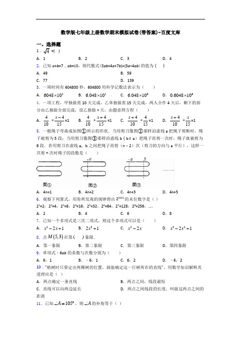 数学版七年级上册数学期末模拟试卷(带答案)-百度文库