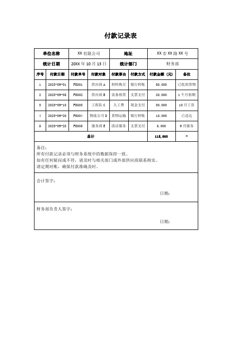 付款记录表