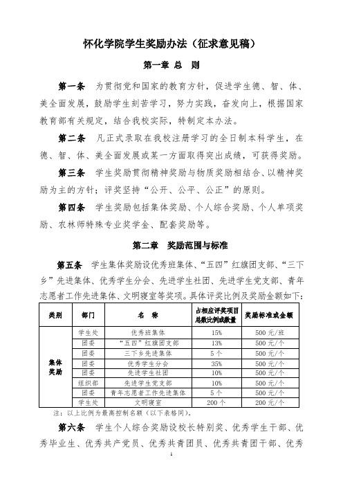 怀化学院学生奖励办法(征求意见稿)