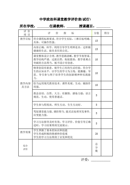 初中政治科课堂教学评价表