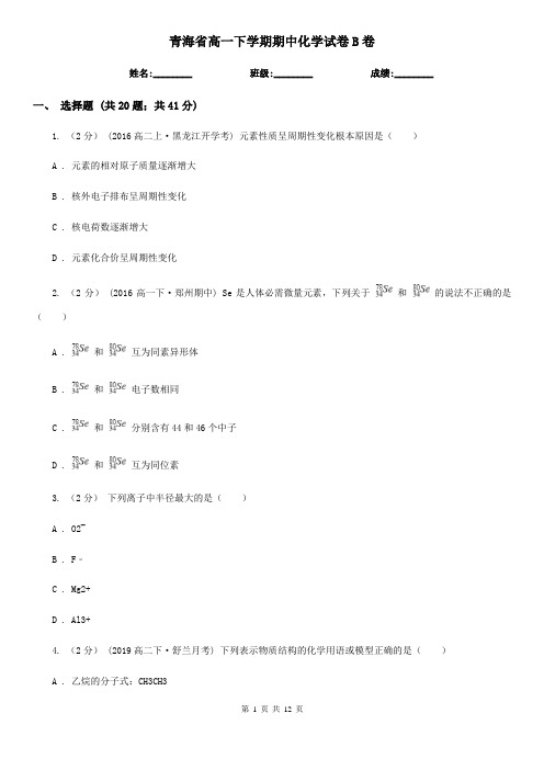 青海省高一下学期期中化学试卷B卷