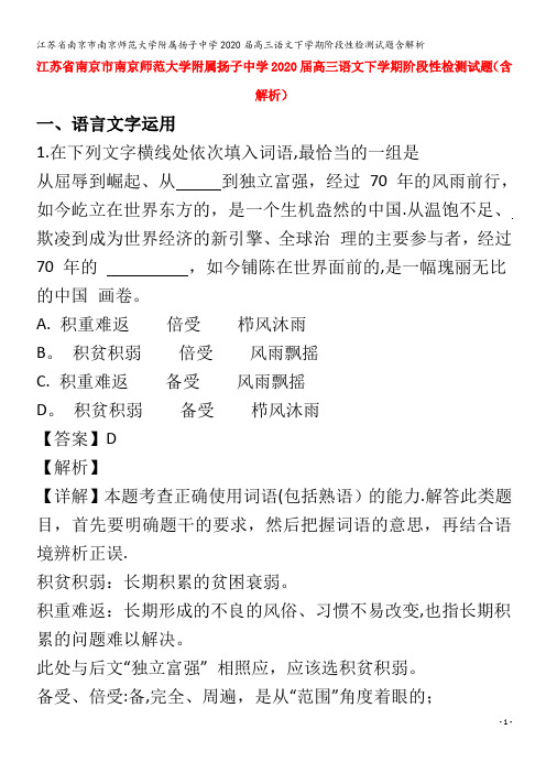 江苏省南京市南京师范大学附属扬子中学2020届高三语文下学期阶段性检测试题含解析