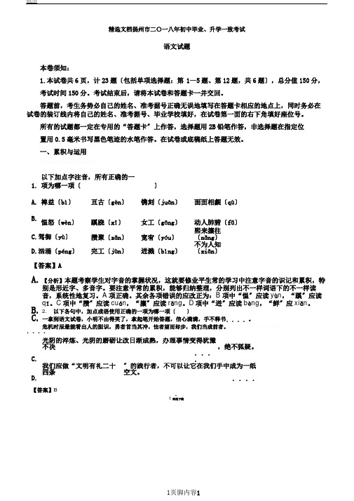 江苏省扬州市中考语文试题word版含答案解析