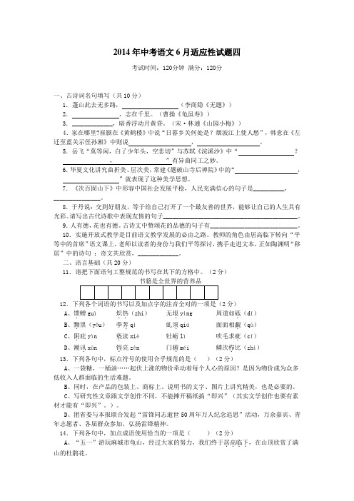 2014年中考语文六月适应性试题及答案四