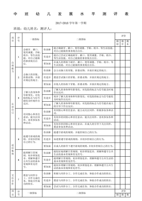 中班幼儿发展水平测评表