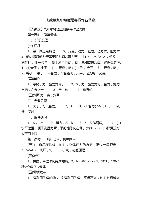 人教版九年级物理寒假作业答案