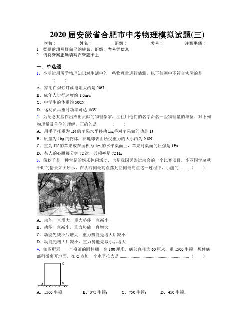 最新2020届安徽省合肥市中考物理模拟试题(三)及解析