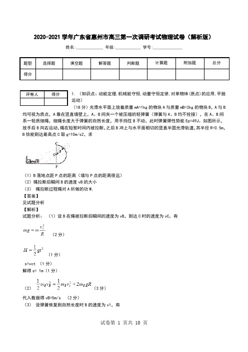 2020-2021学年广东省惠州市高三第一次调研考试物理试卷(解析版).doc