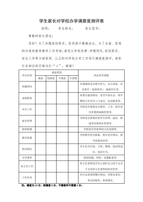 学校办学满意度测评表