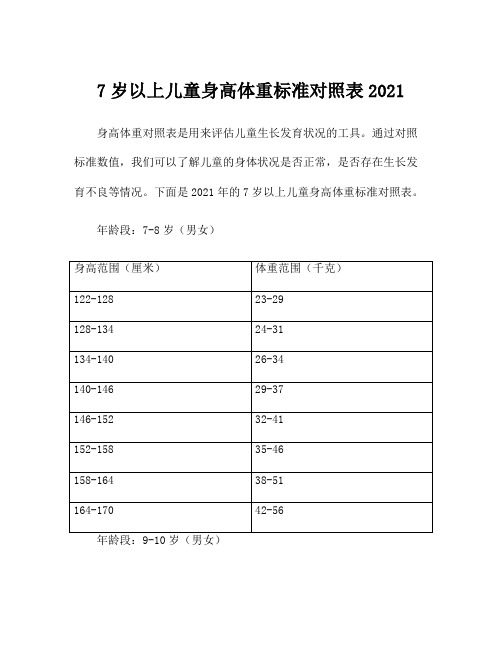7岁以上儿童身高体重标准对照表2021