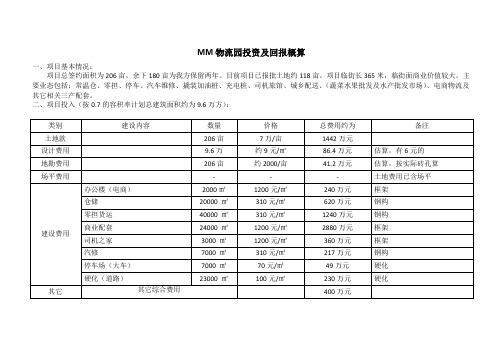 MM物流园投资及回报概算