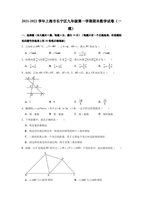 2022年上海市长宁区中考数学一模试题试卷(解析版)