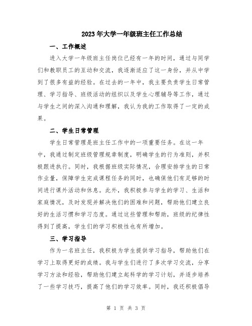 2023年大学一年级班主任工作总结