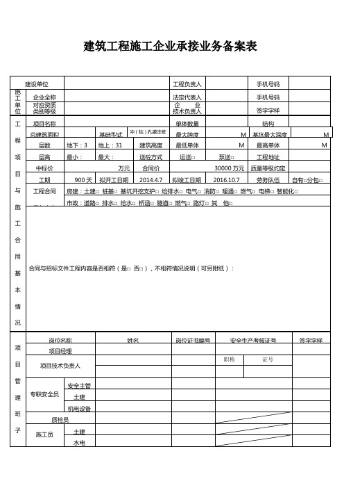 建筑工程施工企业承接业务备案表