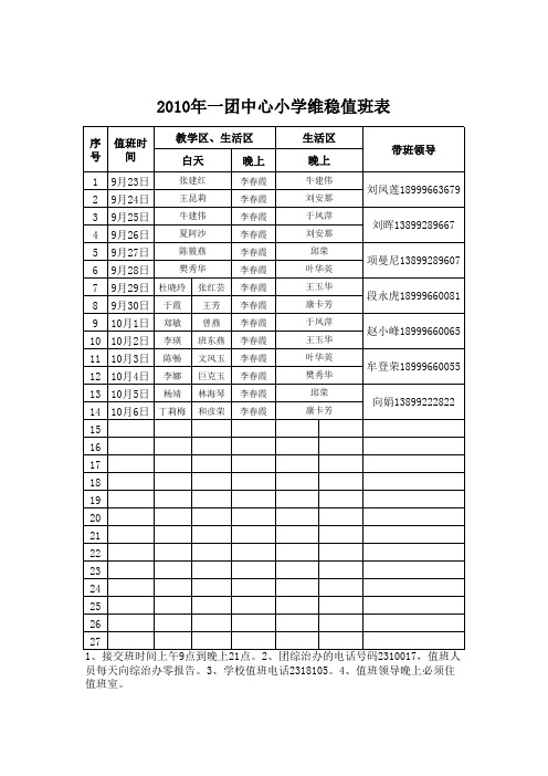 2010年暑假值班表