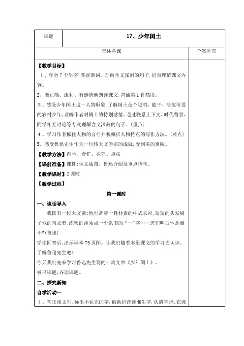 六年级语文上册第五组17 少年闰土 教案 学案及答案