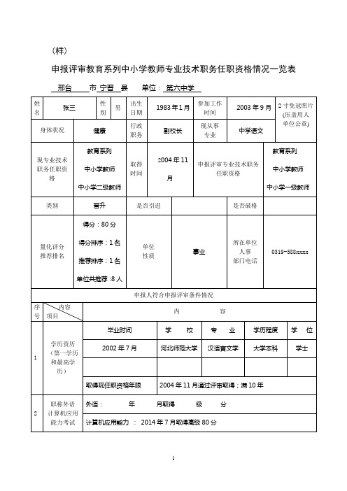 申报评审教育系列中小学教师专业技术职务任职资格情况一览表