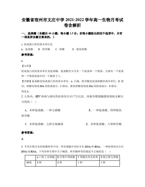 安徽省宿州市文庄中学2021-2022学年高一生物月考试卷含解析