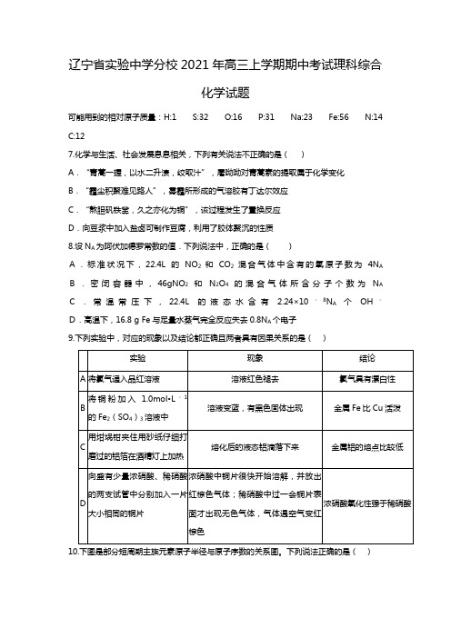 辽宁省实验中学分校2020┄2021届高三上学期期中考试理科综合化学试题Word版 含答案