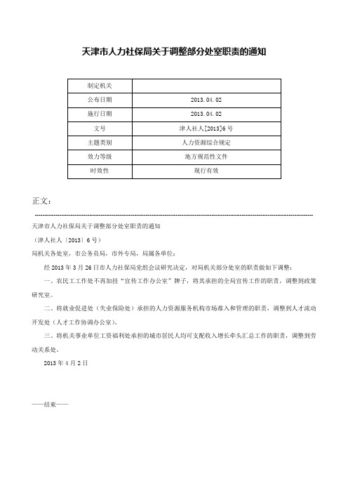 天津市人力社保局关于调整部分处室职责的通知-津人社人[2013]6号