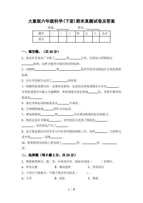 大象版六年级科学(下册)期末真题试卷及答案