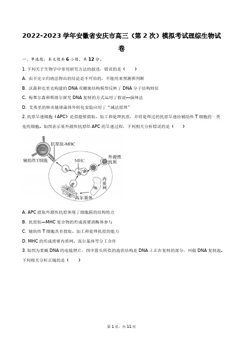 2022-2023学年安徽省安庆市高三(第2次)模拟考试理综生物试卷+答案解析(附后)