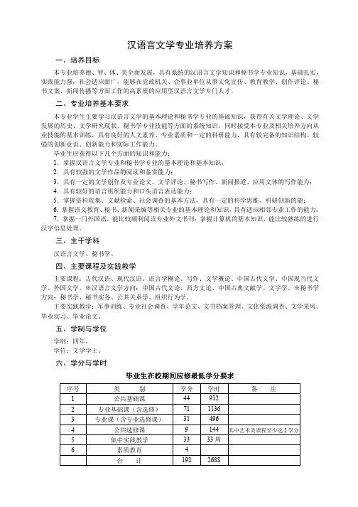 汉语言文学专业培养方案