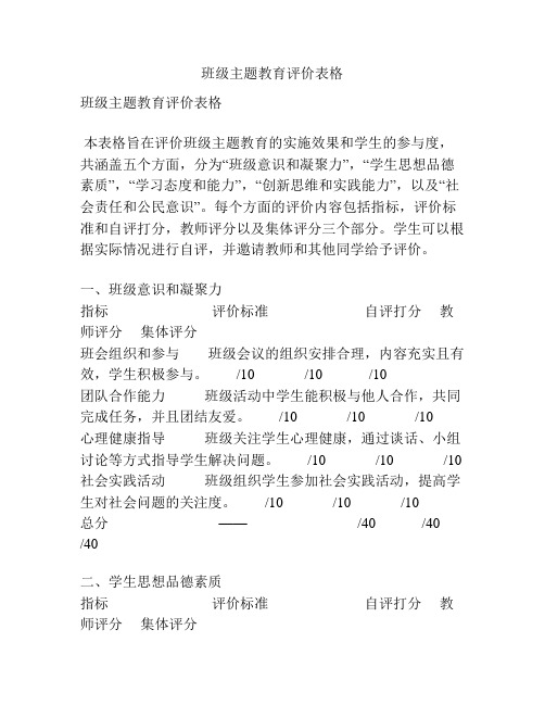 班级主题教育评价表格