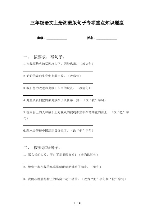 三年级语文上册湘教版句子专项重点知识题型